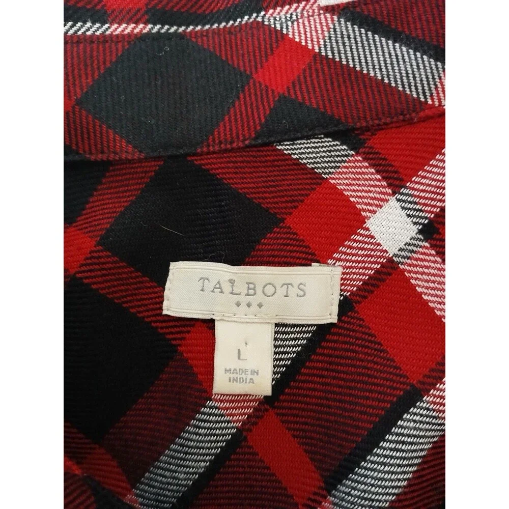 Talbots Women's L Red Plaid Polka Dot Long Roll Tab Sleeve Button Down Shirt Top